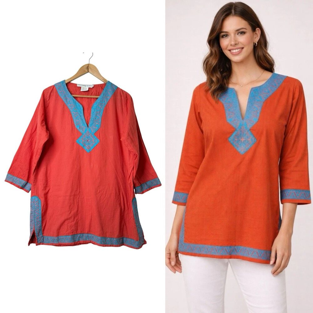 Gretchen Scott Embroidered Coral Pinstripe Tunic Top XL Split Neck Coastal Boho